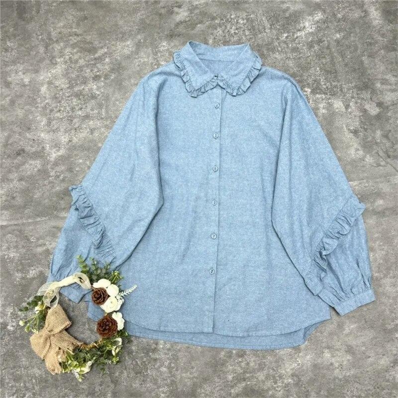 Johnature Japanese Mori Women Lace Doll Collar Long Sleeve Shirt Autumn Loose Vintage Tops