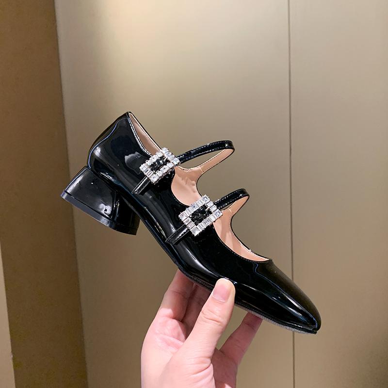 Fashion Women Double Buckle  Janes Shoes 2025 Spring New Patent Leather Dress High Heels Square Heel Thick Heel Diamond Single Shoes