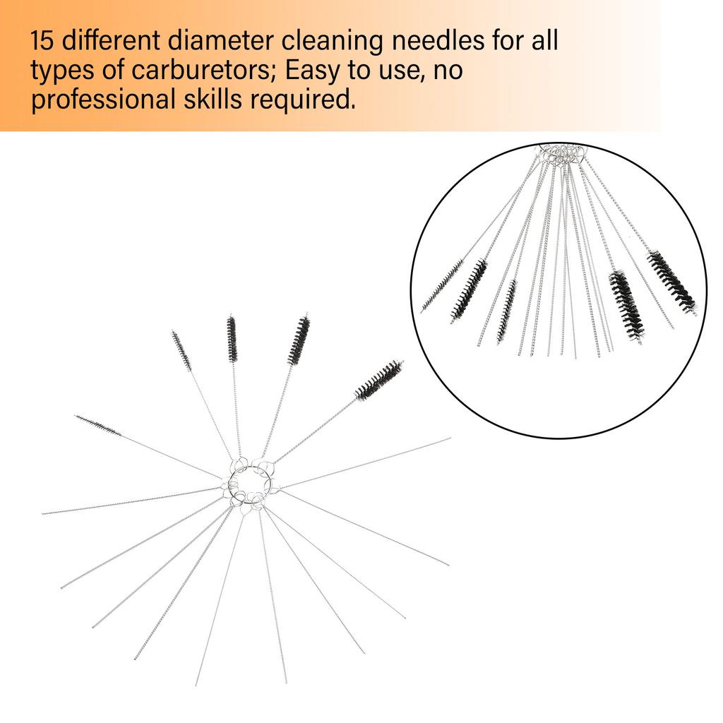 Set de ac de curățare a carburatorului de înaltă eficiență, 15 dimensiuni, perie de ejector de murdărie, potrivită pentru întreținerea carburatoarelor auto și motociclete