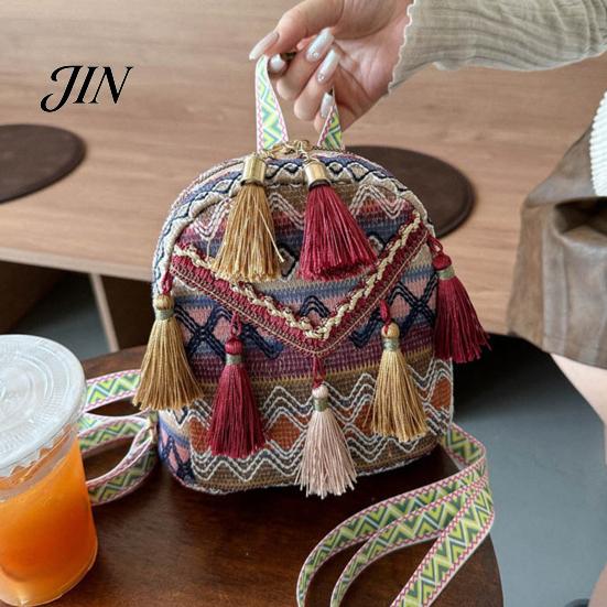 Shoulder Pressure Relief Bag Ethnic Jacquard Backpack, Colorful Small Backpack with Tassels, Geometric Tassel Decoration Straps, Boho Crossbody Purse