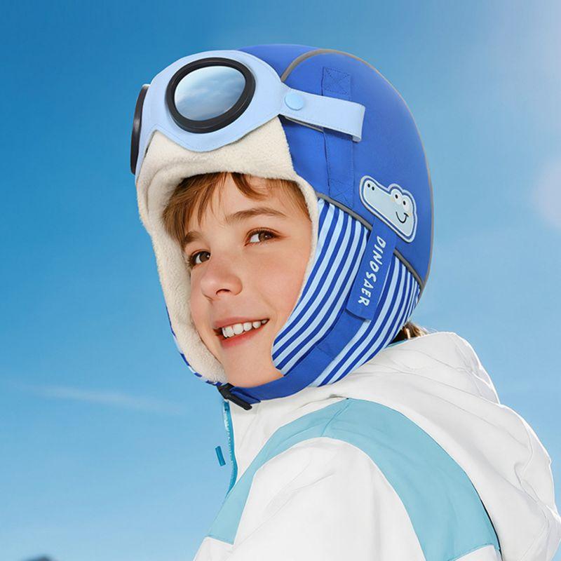 Children's Winter Pilot-Style Thickened Fleece-Lined Balaclava Hat with Goggles Ski Hat