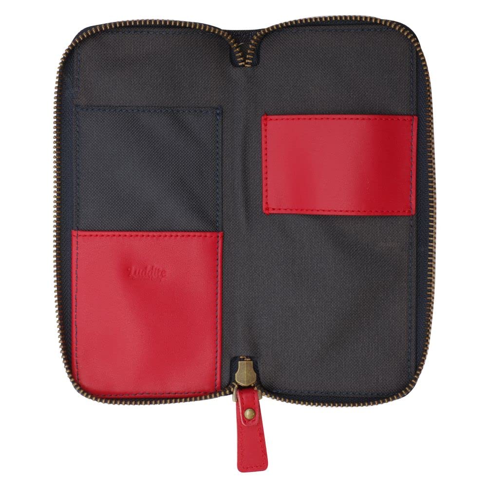 Luddite Leather Combination Round Zip Pen Case Denim and Genuine Leather Pencil Case (2) [Red] LDKC-RZP2-03