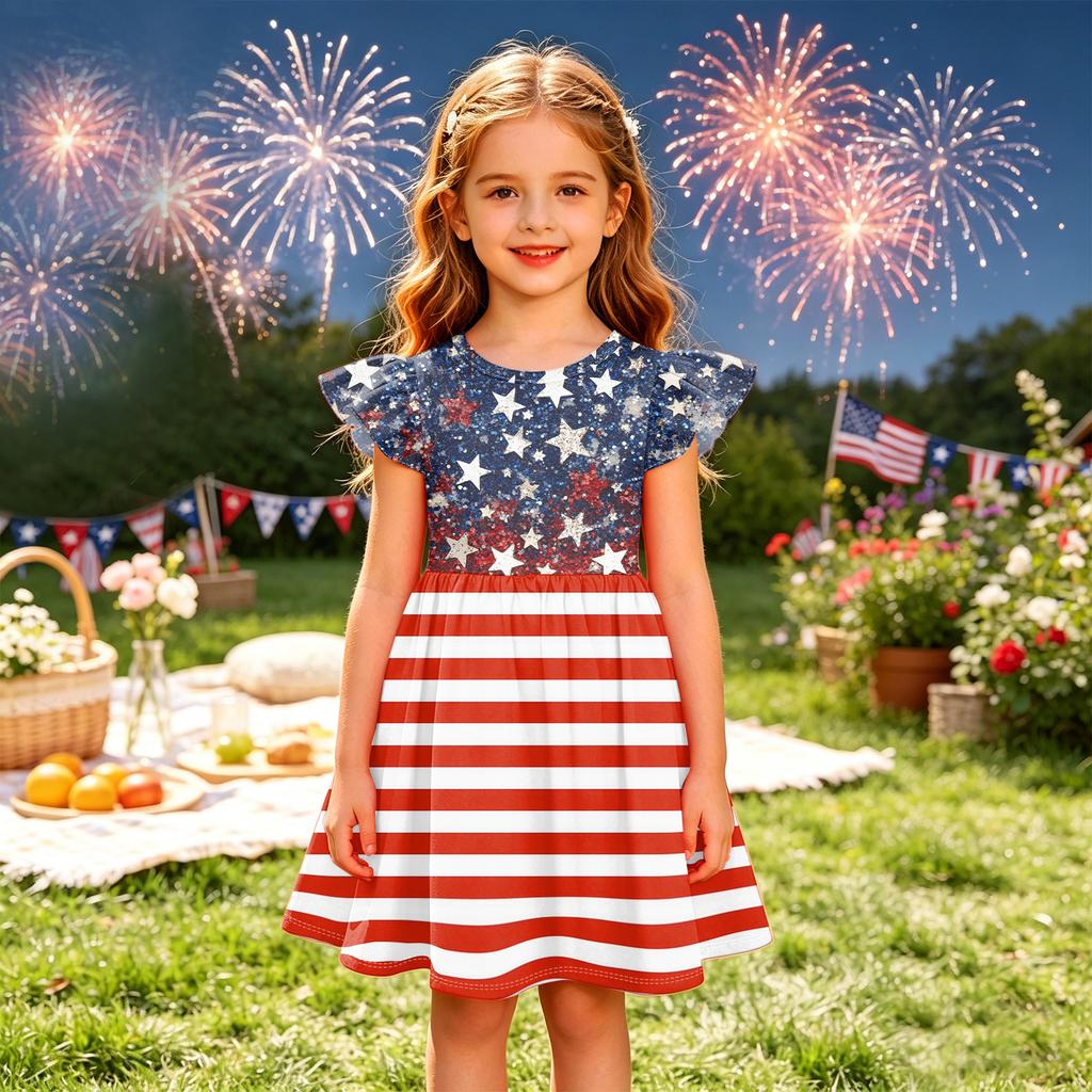 Girls' Summer Princess Dress - A-Line T-Shirt Dress Independence Day