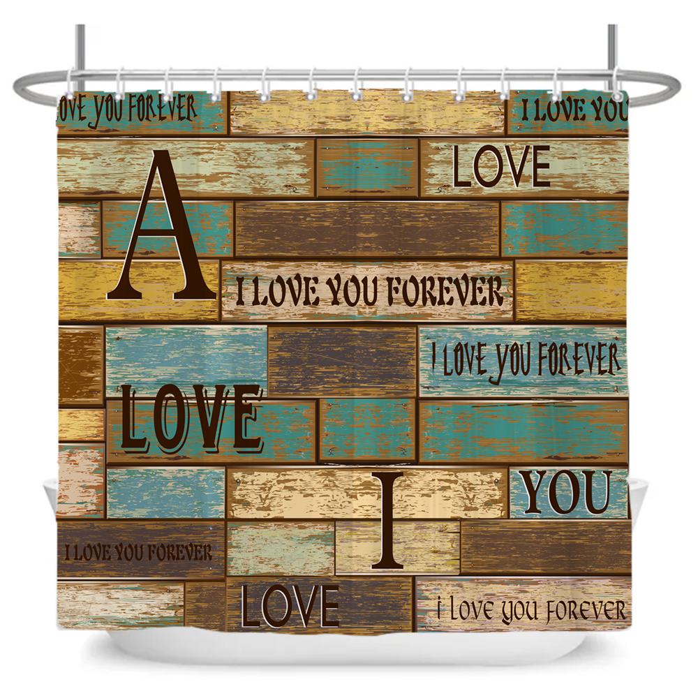 Vintage Rustic Style Wood Grain Letter Shower Curtains Bathroom Curtain Waterproof Polyester Decor Curtain with Hooks Wall Cloth
