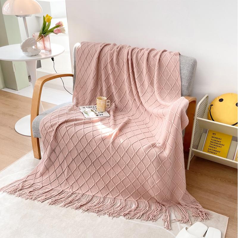 Tassel Blanket 100% Acrylic Bedside Towel Solid Color Plaid Knitted Blanket Nap/Travel Shawl Home Sofa Towel manta