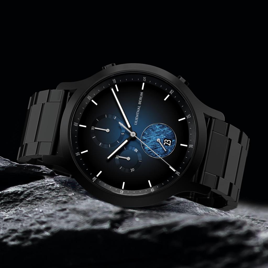 Lilianthal Berlin Chronograph Made in Black Men's Watch, Date, Meteorite, Germany, C01-024-B040C,