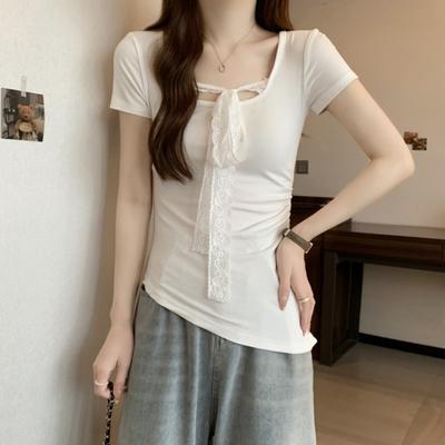 Summer Short Sleeve Women's Solid O-Neck Irregular Pullovers Korean Lace Ribbon t-Shirts Y2k Tops Female Slim Pure Cotton Tees