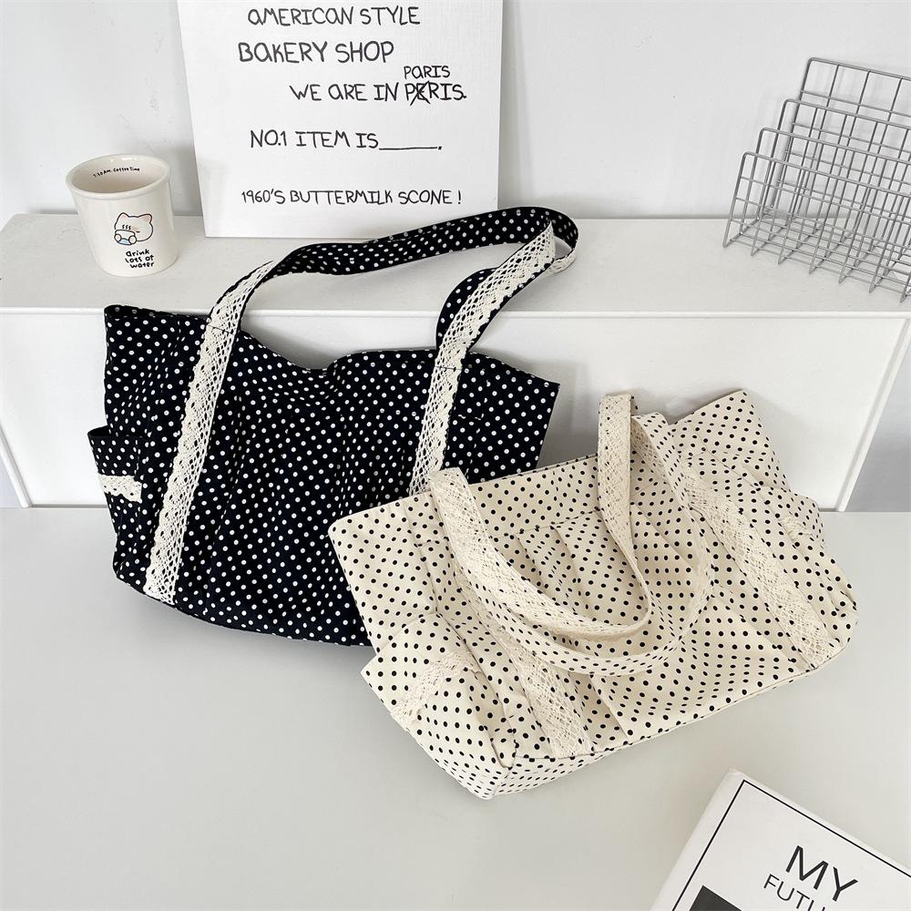 1 Polka Dot Canvas Bag Women's Niche Sweet Lace Shoulder Bag Commuter Large Capacity Tote Bag