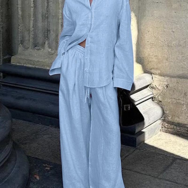 

Ленивый французский стиль Свободный розовый комплект 100% хлопок Повседневная рубашка Топ с длинным рукавом Длинные брюки L синий