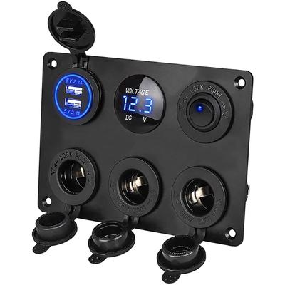 LED Rocker Switch Panel with Digital Voltmeter Dual USB Port 12V Outlet Combination Waterproof On Off Car Marine 6 In 1