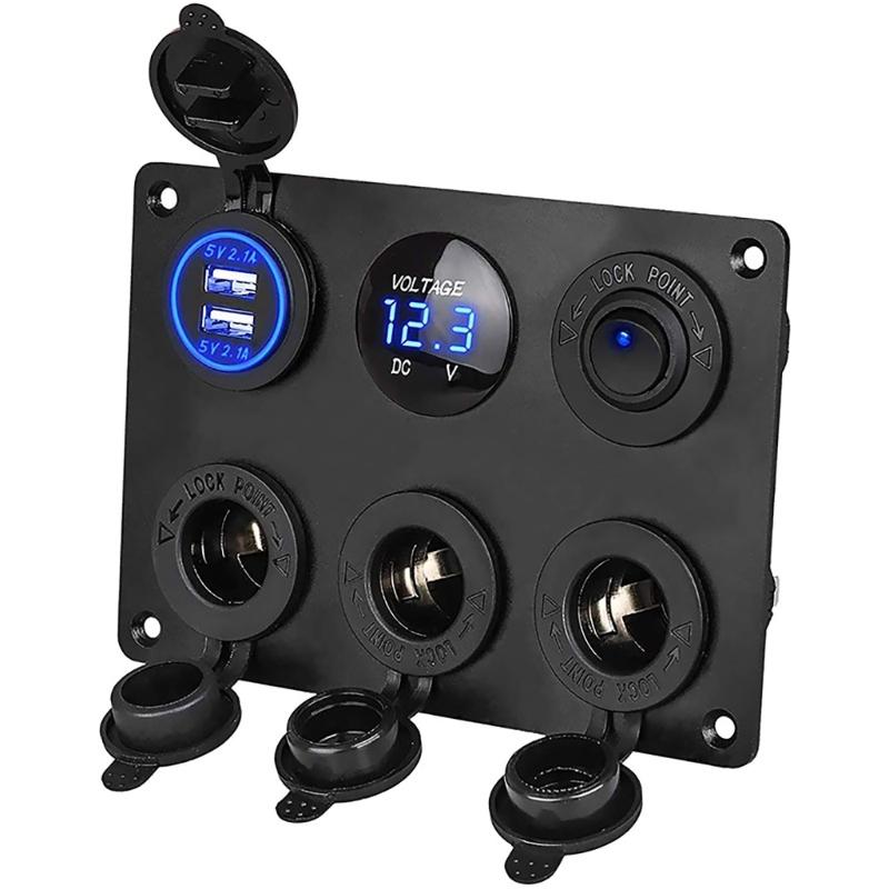 LED Rocker Switch Panel with Digital Voltmeter Dual USB Port 12V Outlet Combination Waterproof On Off Car Marine 6 in 1