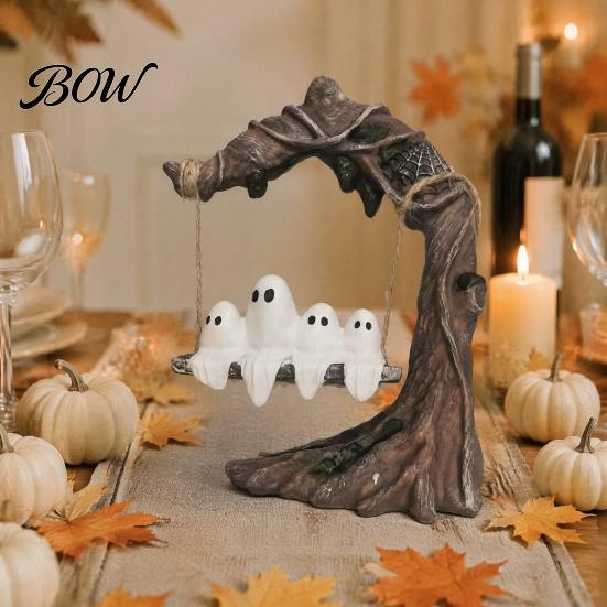 Weather-Resistant Garden Ornament Ghost On Tree Swing Halloween Decor, Resin Spooky Figurine with Vintage Whimsical Home Furnishings Base, Festive