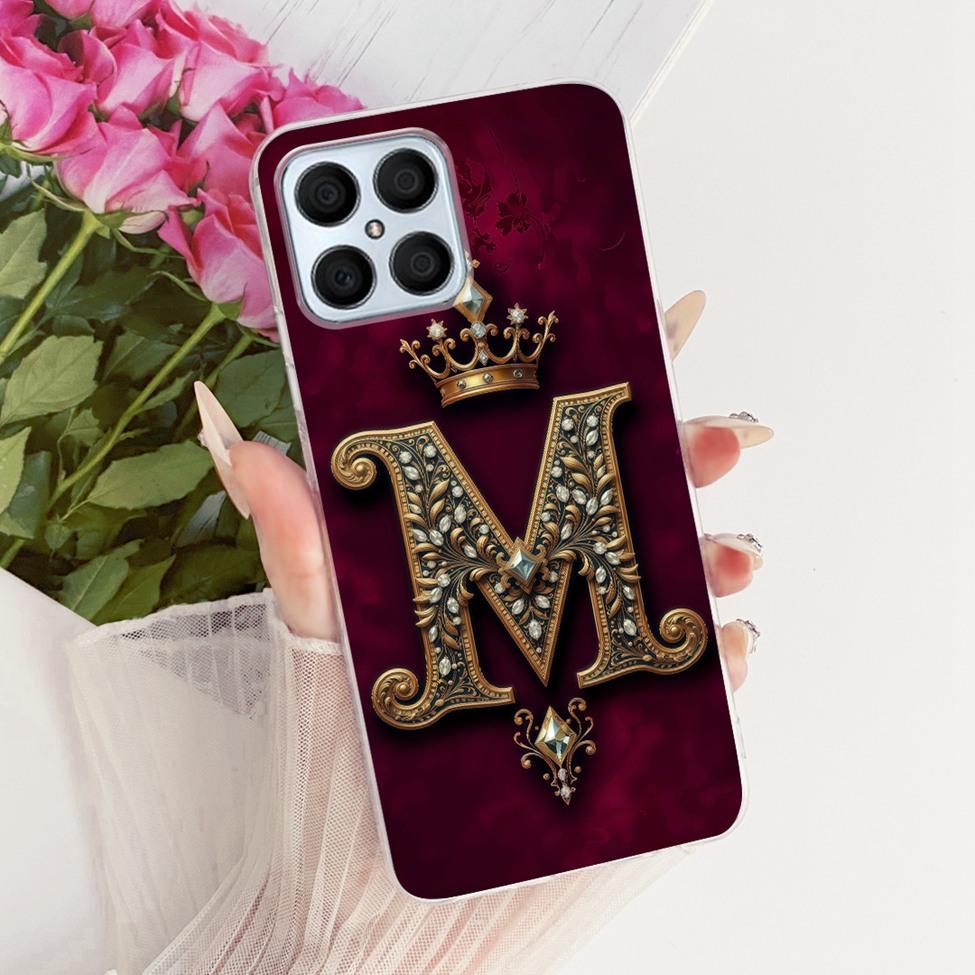 For Honor X8 4G Case Transparent Luxury Crown A-Z Letters 2D Flat Pattern Soft Phone Casing For Honor X8 TFY-LX1 TFY-LX2 TFY-LX3