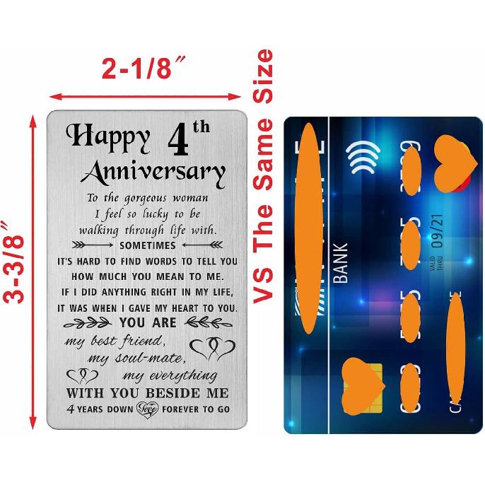 TANWIH 4th Anniversary Card for Wife - 4 Years Down Forever to Go - 4 Year Wedding Anniversary Card Gifts for Her Women, Engraved Metal Wallet Card