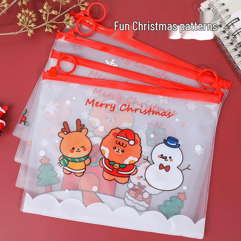 Cartoon Christmas Finger Ring Document Bag - Cute Multifunctional Student Desktop Storage and Pencil Case