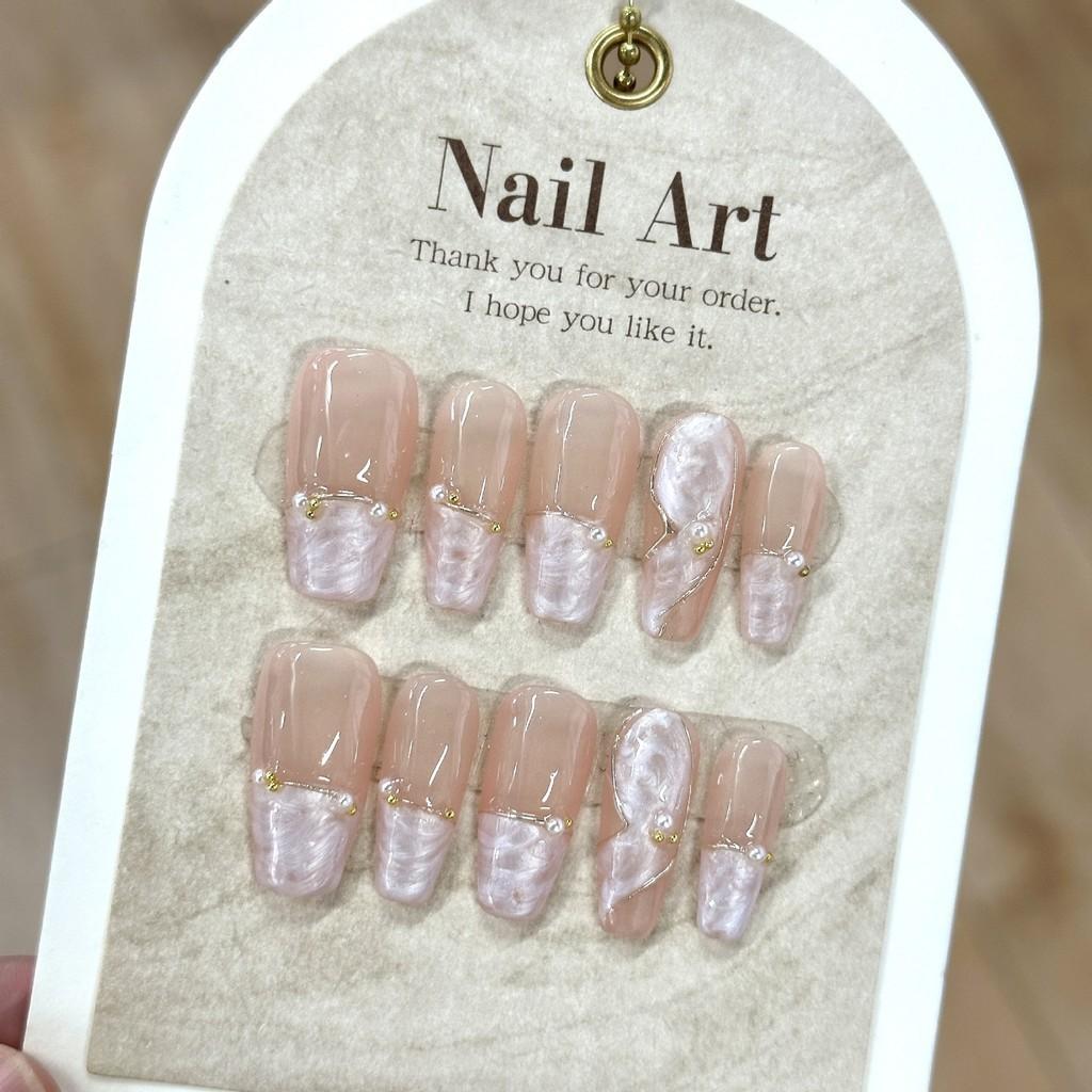 

Exquisite Ice-clear Light Luxury Style Handcrafted Pearl Gold Mother-of-pearl Spiral Fashionable Wearable Nail Patch Long,XS