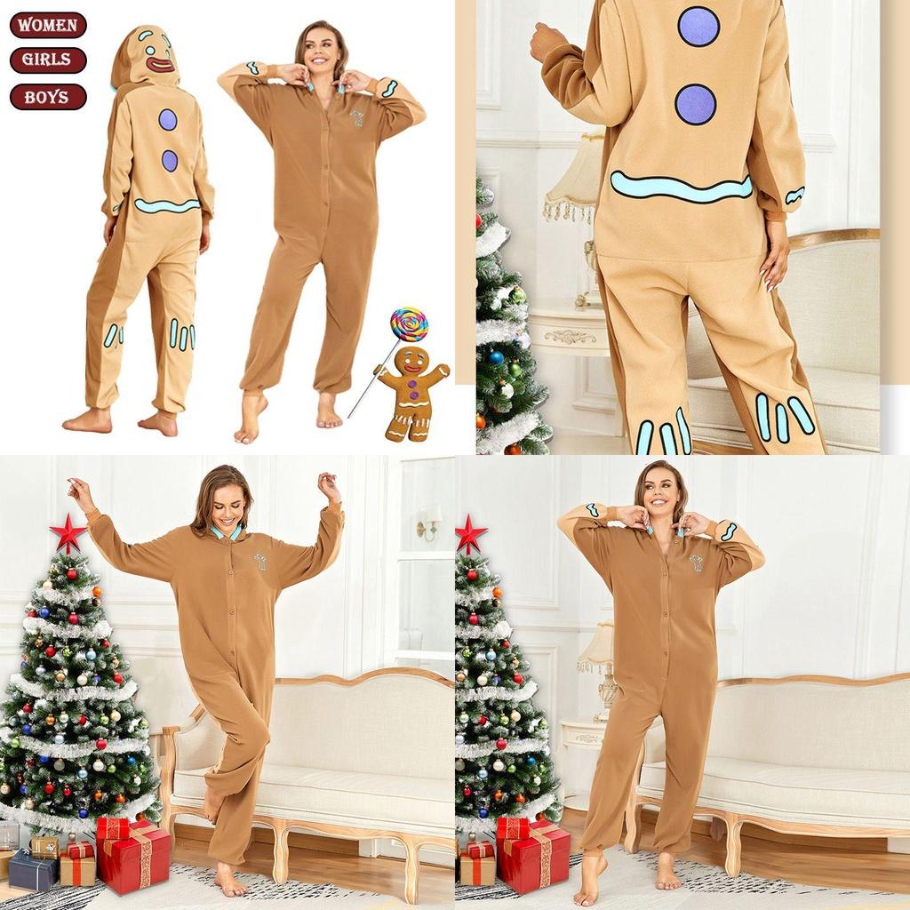 Gingerbread Man Hooded Pajamas Cosplay Costume For Women Boys Girls Xmas