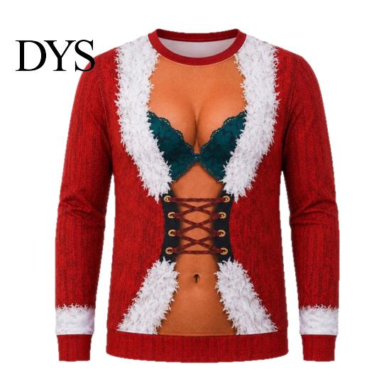Holiday Themed Cosplay Funny Christmas Shirt, Hilarious 3D Fake Corset Chest Print Crew Neck Ugly Sweatshirt Pullover Top, Novelty Long Sleeve
