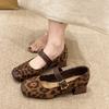 Vintage Square Toe Woman Mary Jane Shoes Elegant Thick Heel Dress Shoes Outdoor Comfortable Ladies Leopard Pumps Shoes