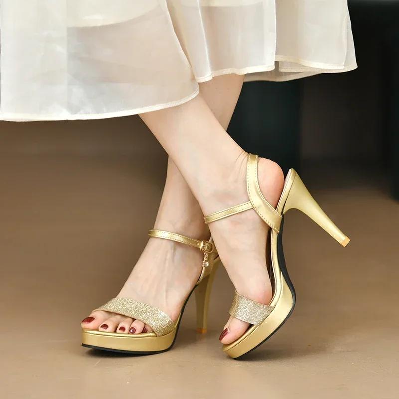 Gold Glitter High Heel Sandals for Women Summer 2024 Ankle Strap Platform Pumps Sexy Stiletto Heeled Party Shoes Zapatos Mujer