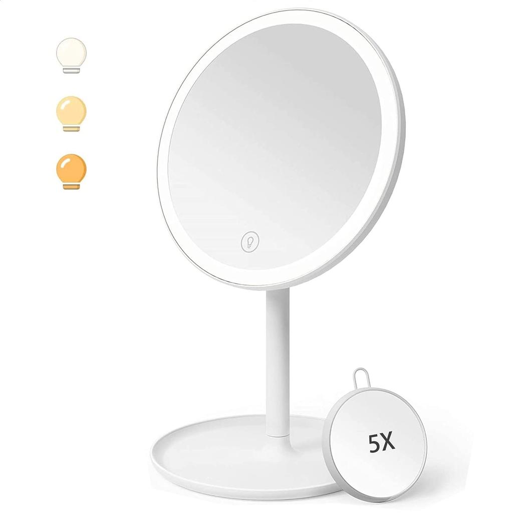 Tabletop Makeup Actress LED 5x Stand 3 Color Lighting Adjustable Memory Touch Adjustable USB Storage White Mirror, Mirror, Light, Magnification,