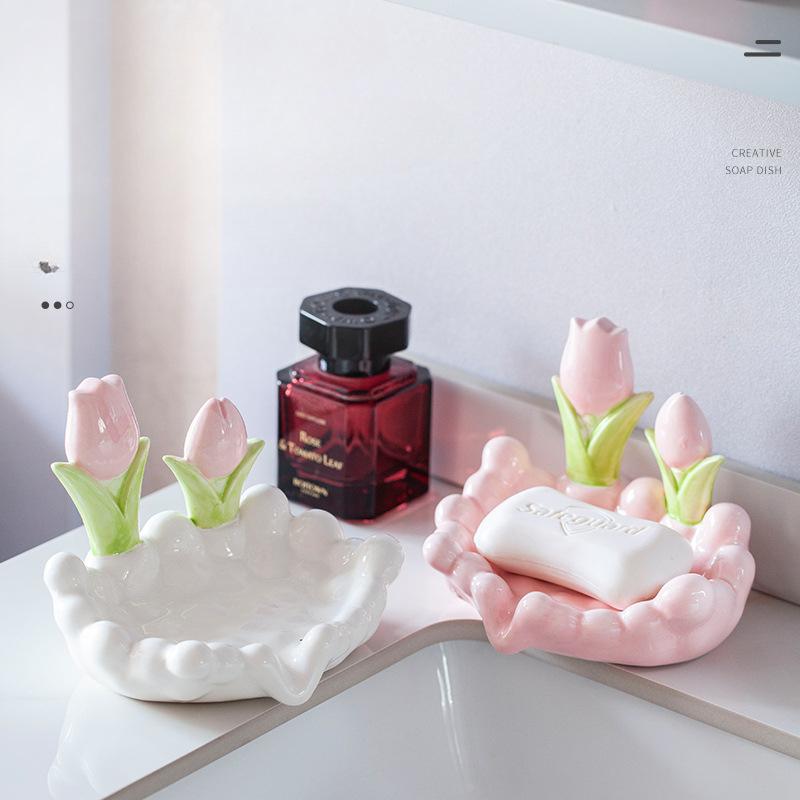 Tulip Ceramic Soap Dish with Drain Non-Slip Floral Soap Holder Creative Storage Rack for Bathroom Sink Decorative Home Accessory
