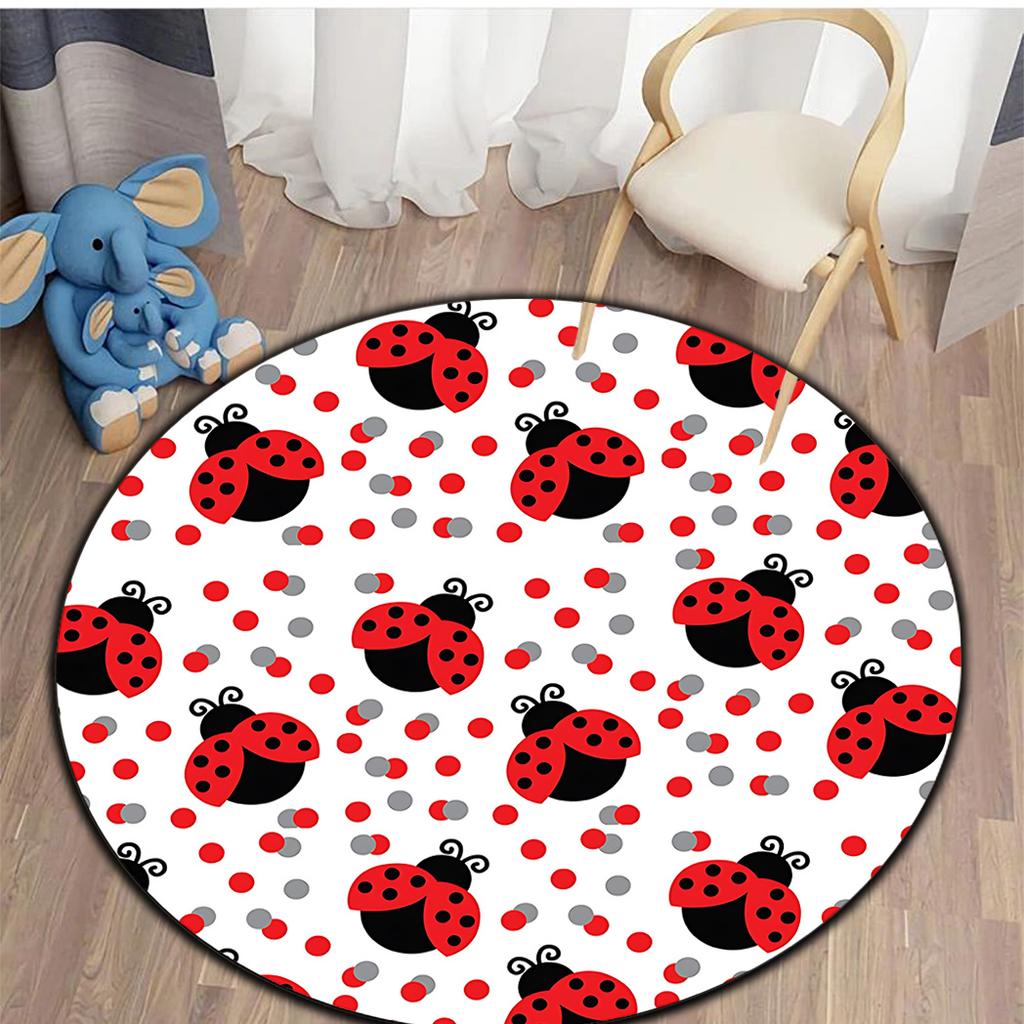 Ladybug Polka Dot Round Rug Flannel Kids Playroom Carpet Red Black White Dots Pattern Soft Non Slip Childrens Room Decor Easy