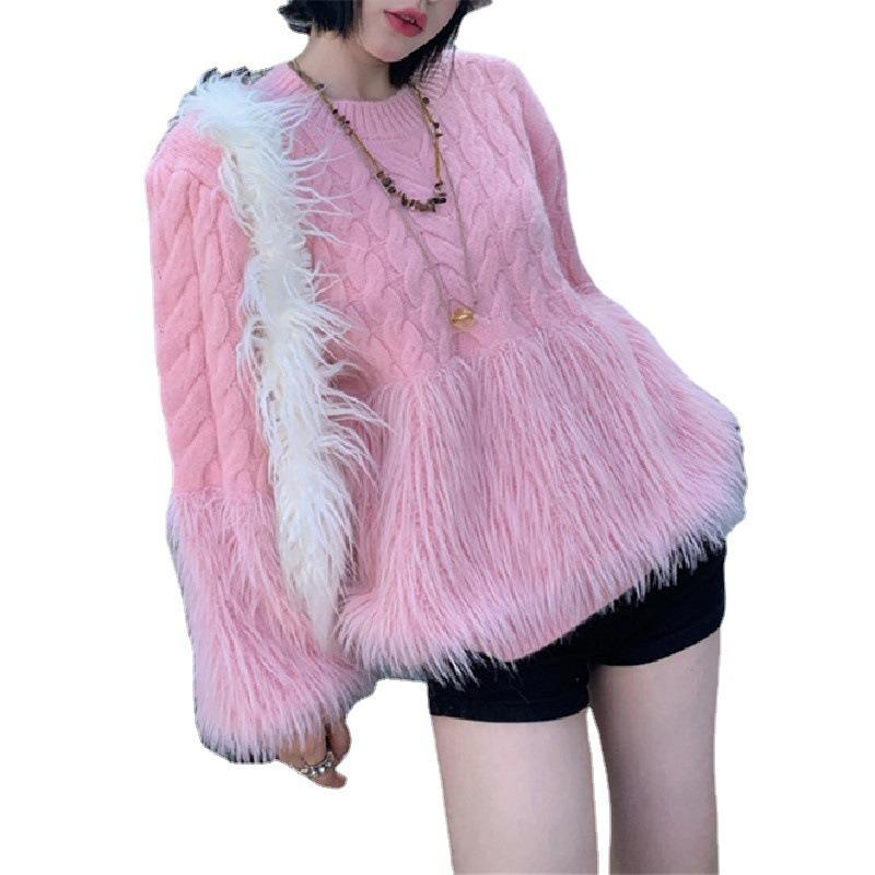 New large-size women's clothing, fat tassel imitation mink splicing, thickened twist crew neck sweater, soft waxy knitted sweater for women