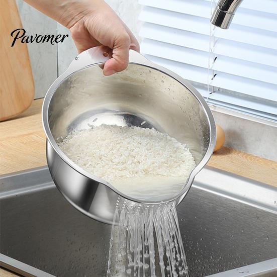 Rust Proof Food Strainer 304 Stainless Steel Colander with Side Drainage Holes, 3-in-1 Kitchen Bowl for Washing Rice Vegetables Fruits, Large Capacity