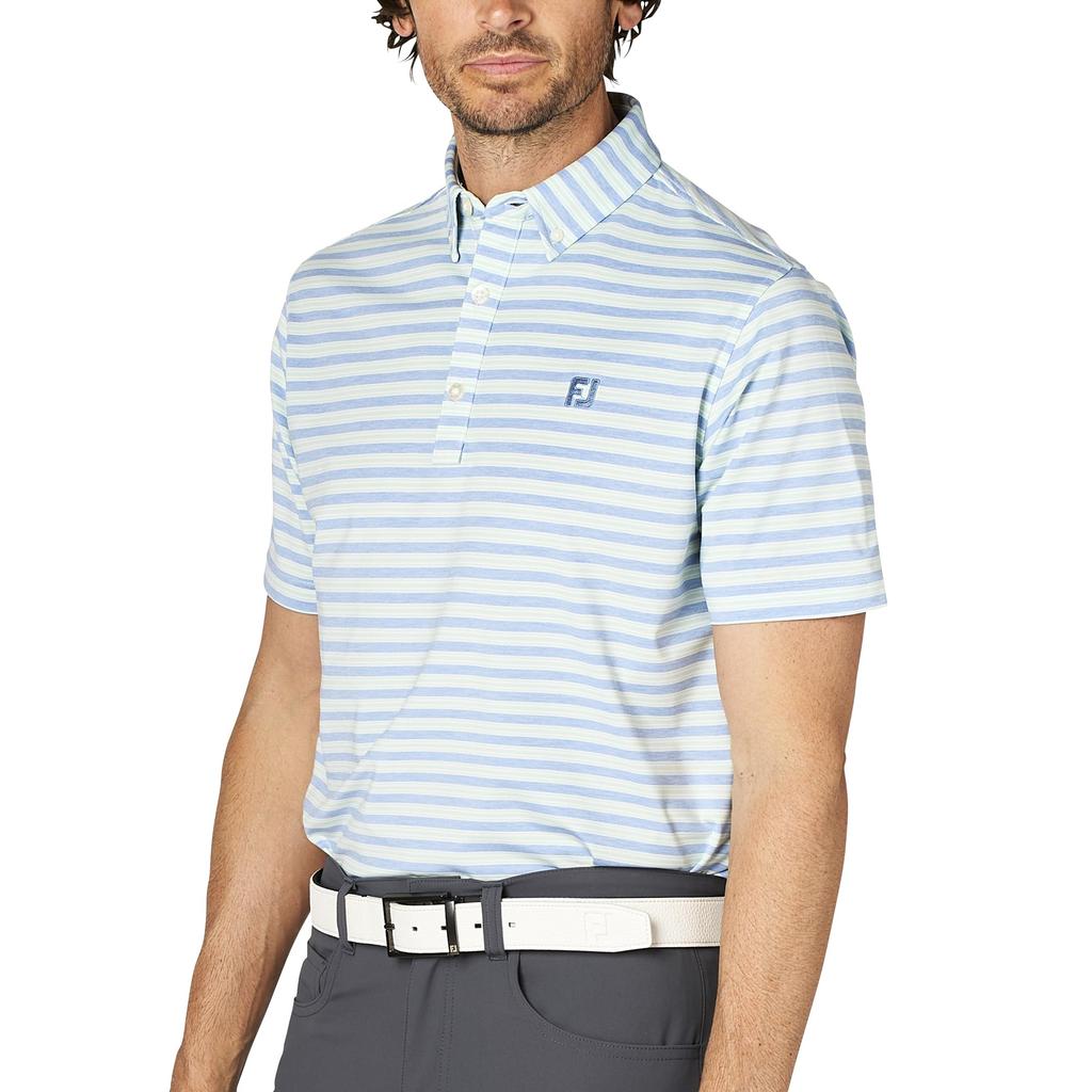 FootJoy Men's Heather Stripe Short Sleeve Button-Down Golf Shirt, Heather Blue Jay, Size L (FJ-S25-S11, 34519-L)