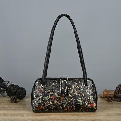 Genuine Leather Women Armpit Bag Vintage Hand Painted Embossed Versatile Floral Shoulder Bags