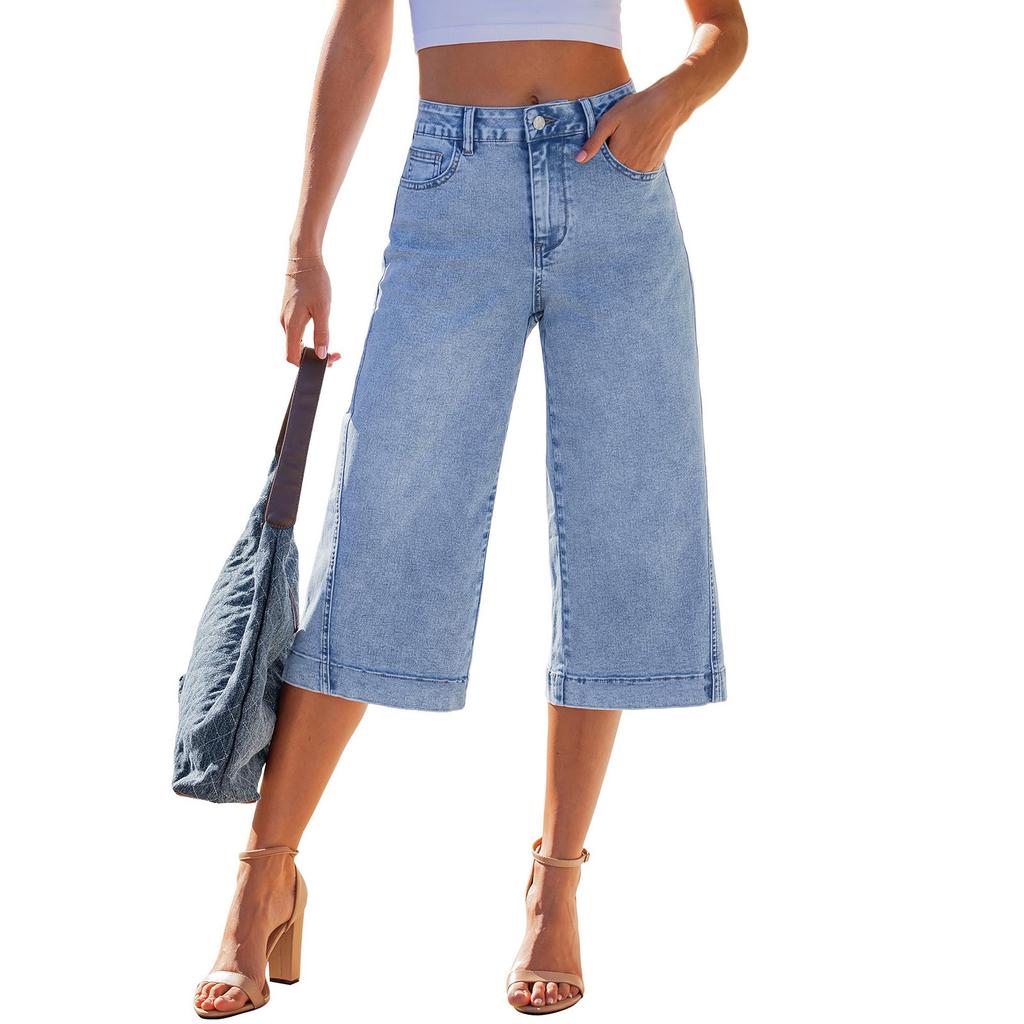 Women's Casual, Stylish, Loose-fitting, Wide-leg, Multi-pocket Denim Pants