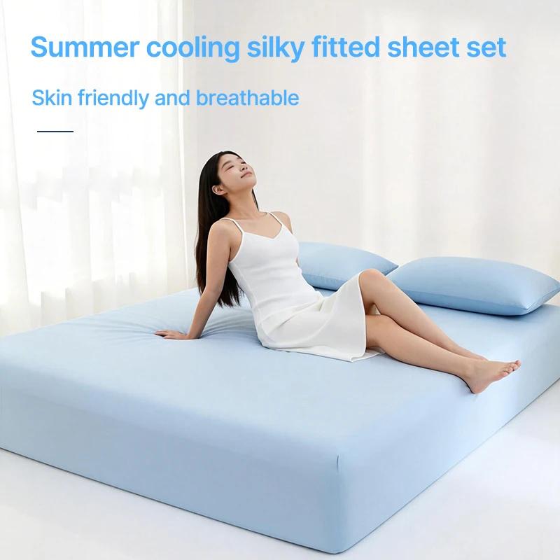 90/120/150/180/200 Fitted Bed Sheet With Elastic Band Solid Color Mattress Covers Protector Single Double King Beds Linen Becover