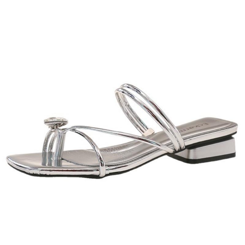 Rhinestone toe cool slippers for women's summer wear new versatile thick heels and two high-heeled sandals