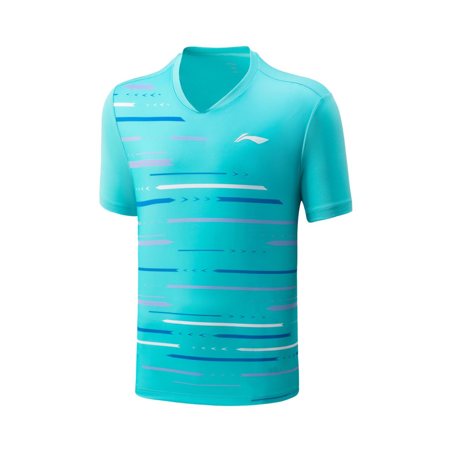 

Li-Ning Club Series Striped V-Neck Competition Sports Short Sleeve T-Shirt Unisex Tops Ocean-Blue AAYU155-3 2XL