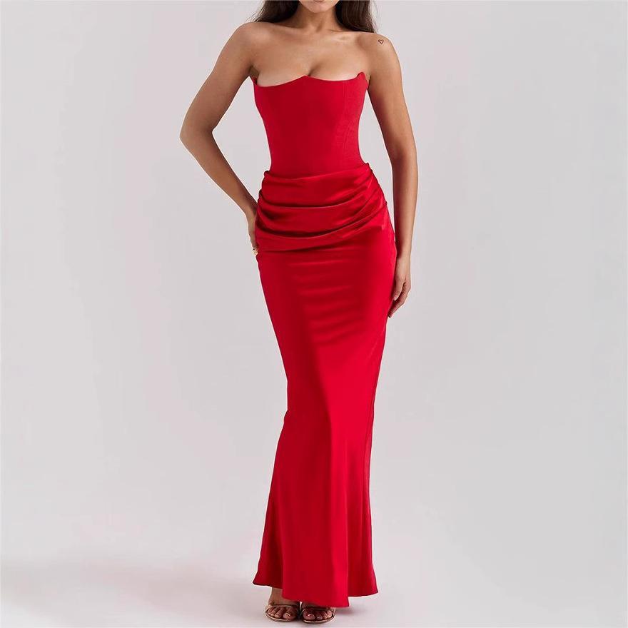 women's Solid Color Strapless Ruched Bodycon Maxi Dress Sexy Sleeveless Evening Party Mermaid Gown