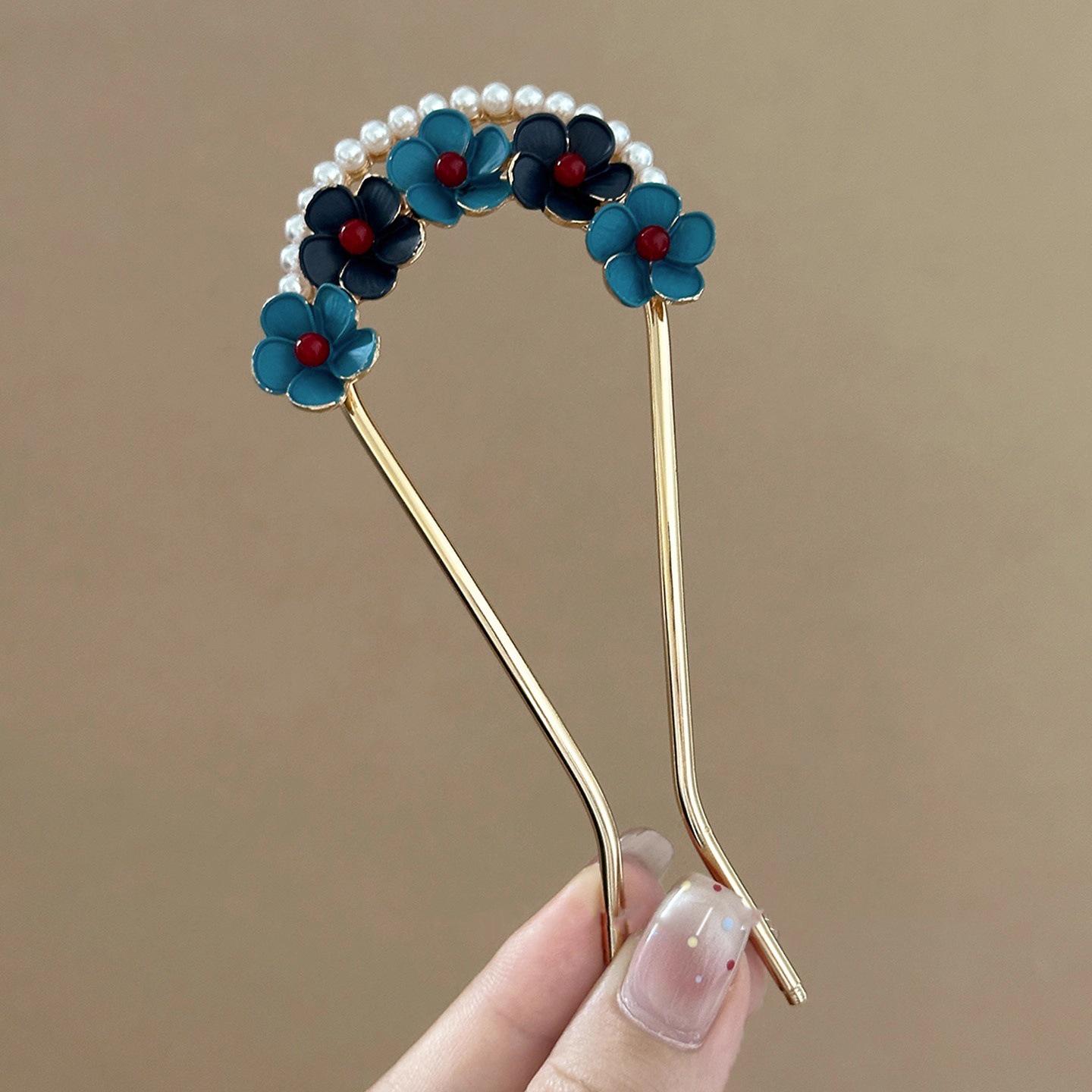 

Exquisite Pearl U-shaped Hairpin: Blue Floral Design for Hanfu and Qipao
