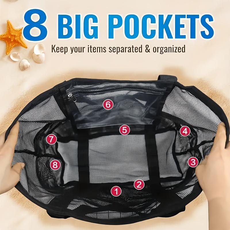 Summer Essentials Large Sandproof Mesh Beach Tote Bag with Pockets, Foldable Portable Shoulder Bag, Large Capacity Multi-Pocket Storage for Beach