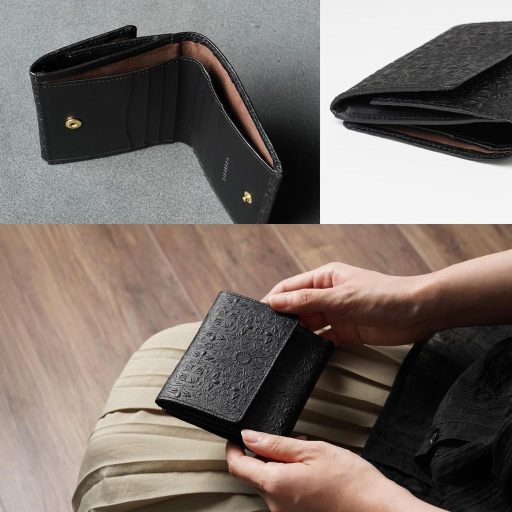 HIRAMEKI. Genuine Leather Bifold Wallet for Men and Women, Morris Classic, William Morris Art, Box-Shaped Coin Purse (Black)