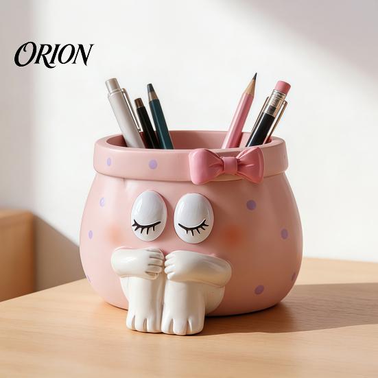 Desktop Storage Accessories Cute Cartoon Girl Pen Holder, Resin Makeup Brush Decorative Statue Organizer with Bow Design, Sundries Bucket for