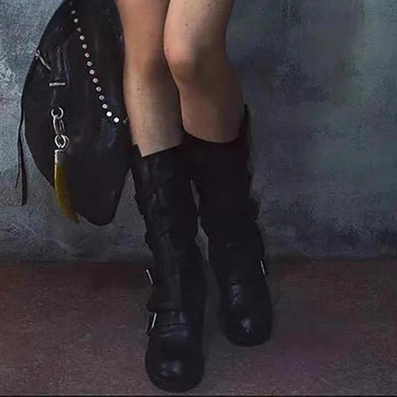 Women'S High Boots Flats Designer Mid Calf Woman Shoes Autumn Retro Chelsea Boots  Fashion Goth Gladiator Botas De Mujer