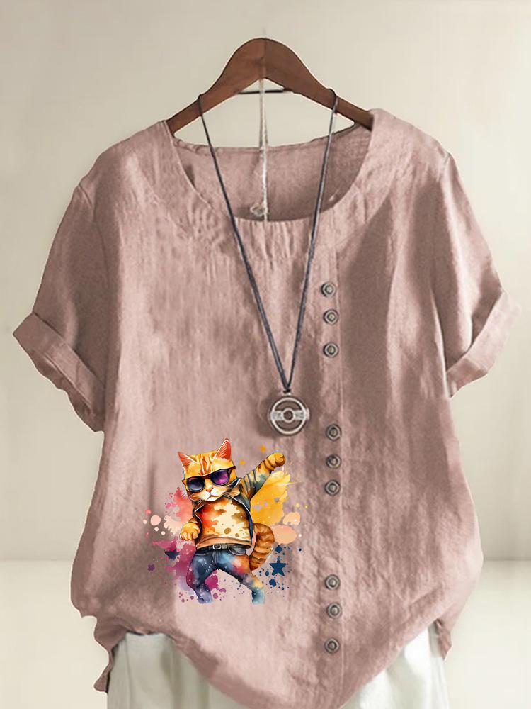 Women's Fashion Cool Cat Print Round Neck Short Sleeve T-shirt Casual Cotton Linen Graphic Shirt Leisure Loose Summer Blouse Tops