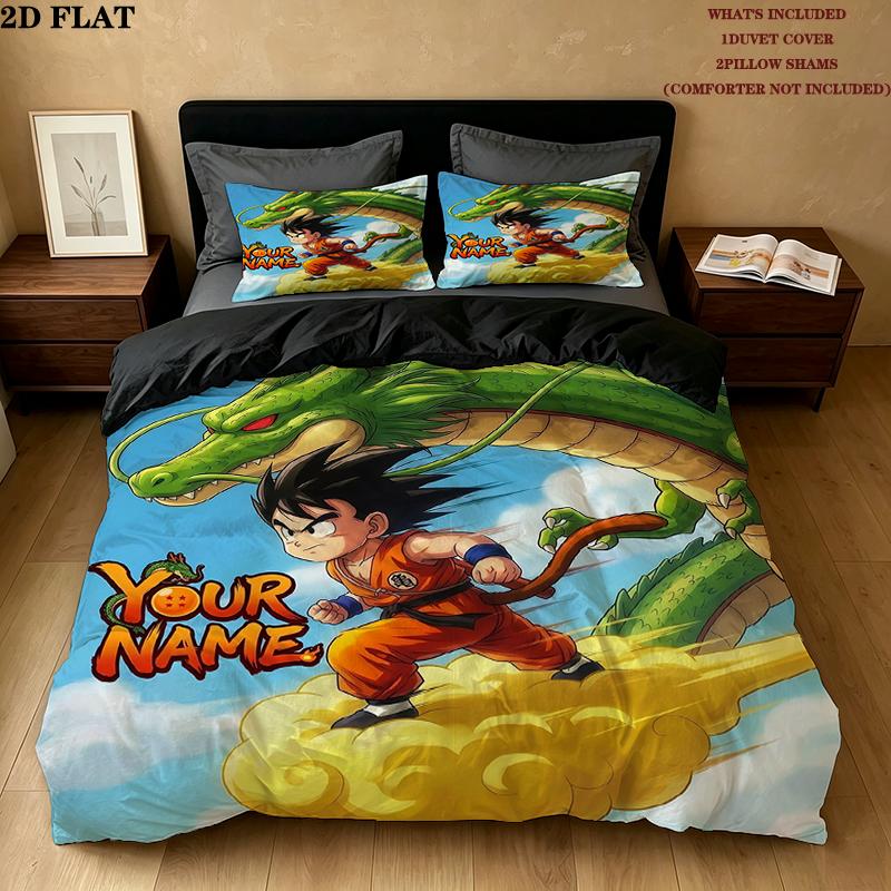 Custom Name,Cute Goku Pattern Bedding Home Decoration Birthday Gift ( 1 Duvet Cover + 2 Pillowcase, Without Core),fan Merchandise.