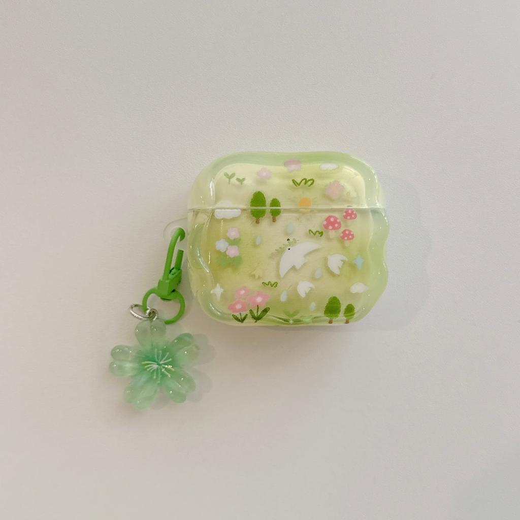 Fresh Green Forest Garden Swallow Wavy Edge With Pendant Shock Proof Earphone Cover Case for AirPods 1 or 2 3 4 Pro 2 Pro 3