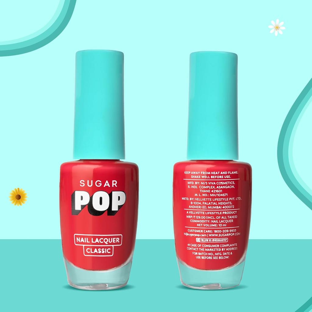 SUGAR POP Nail Lacquer 13 Red Alert Glossy Cherry Red Fast Drying Chip Resistant High Shine Nail Polish For Women 10 Ml