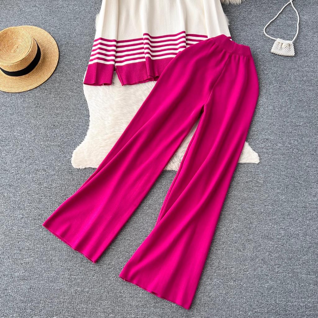 Toamnă Iarnă Femei Grătul cu mâneci lungi Pulover tricotat în dungi Topuri + Pantaloni largi Costume Set două piese Tinute femei