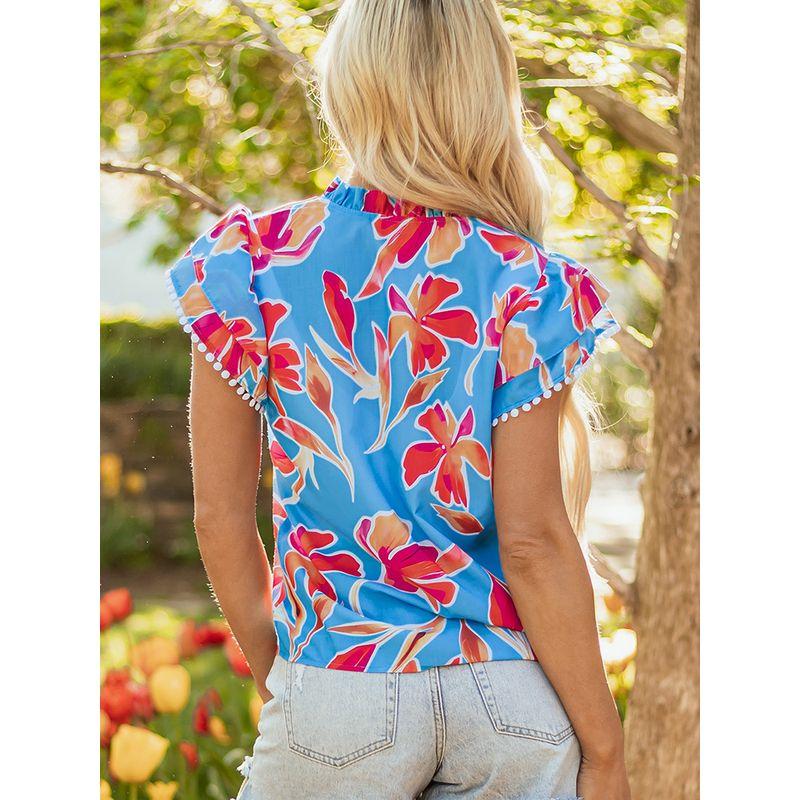 American Shiying Flower V-neck Short Sleeve T-shirt Women 2025 Summer New Thin Loose Frill Pullover