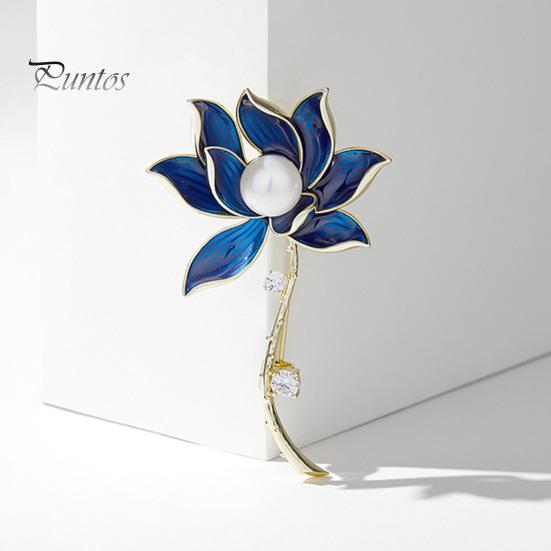 Broche de pérolas de imitação de strass, acabamento fino, formato de flor azul, acessórios para fantasias femininas