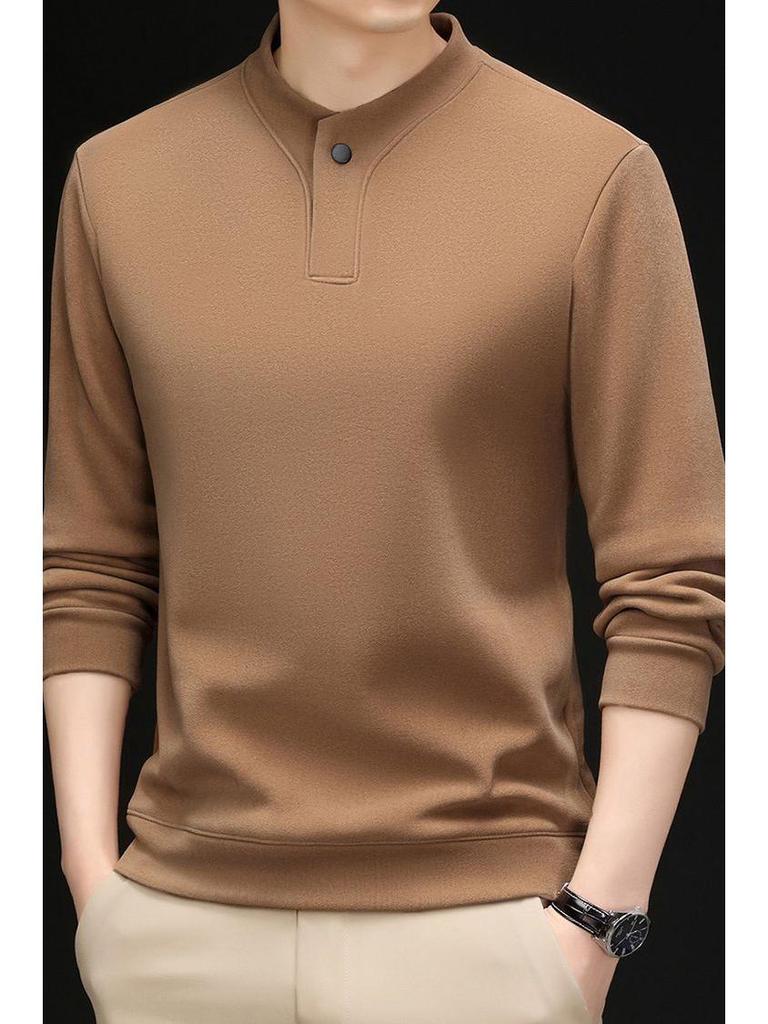 Men's Solid Color Fleece-Lined Sweatshirt, Winter Stand-Up Collar, Long-Sleeve Casual Base Layer.
