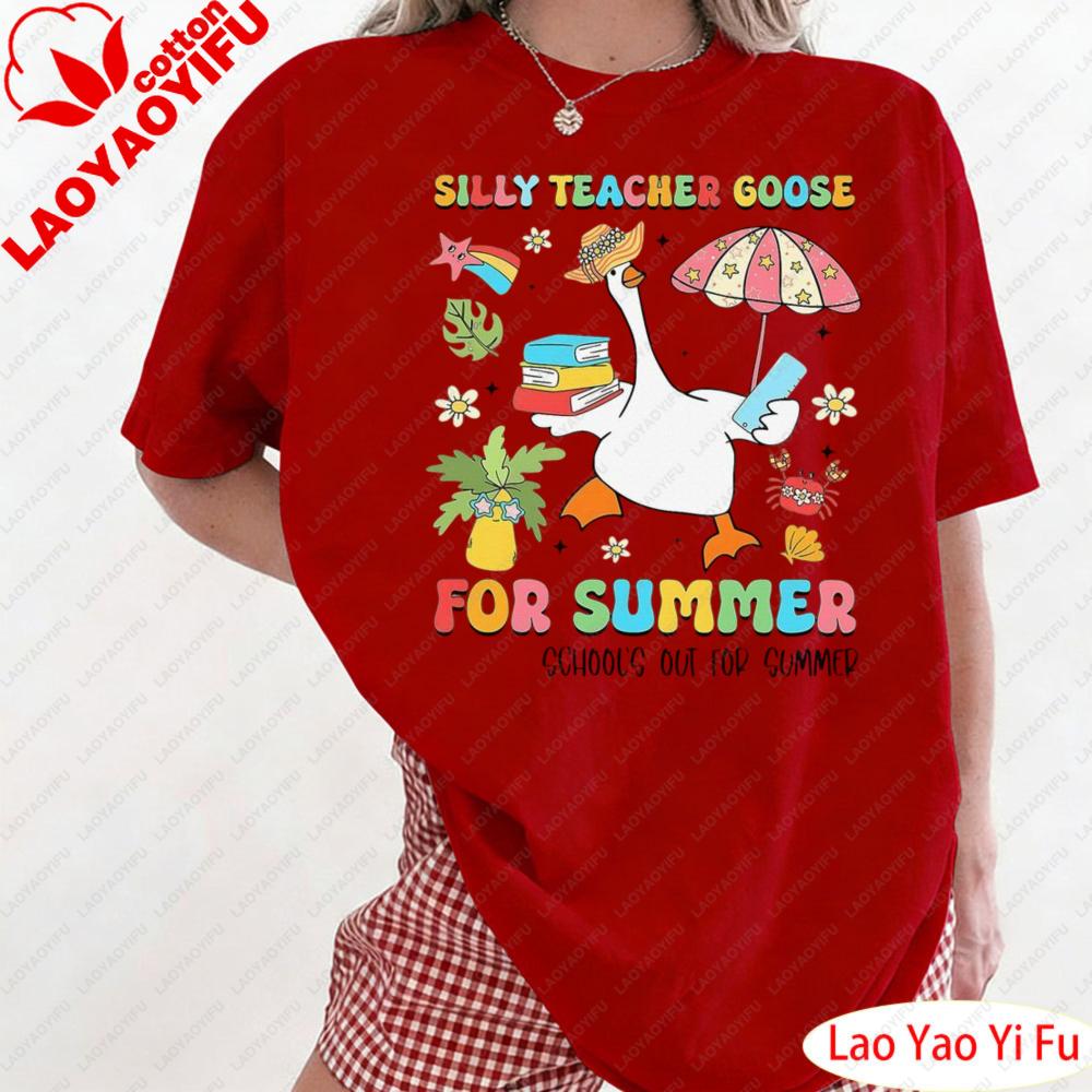 Cute Cartoon Duck Printt Shirt Colorful Graphic Print Tops Silly Teacher Goose on The Loose Summer Clothes Streetwear
